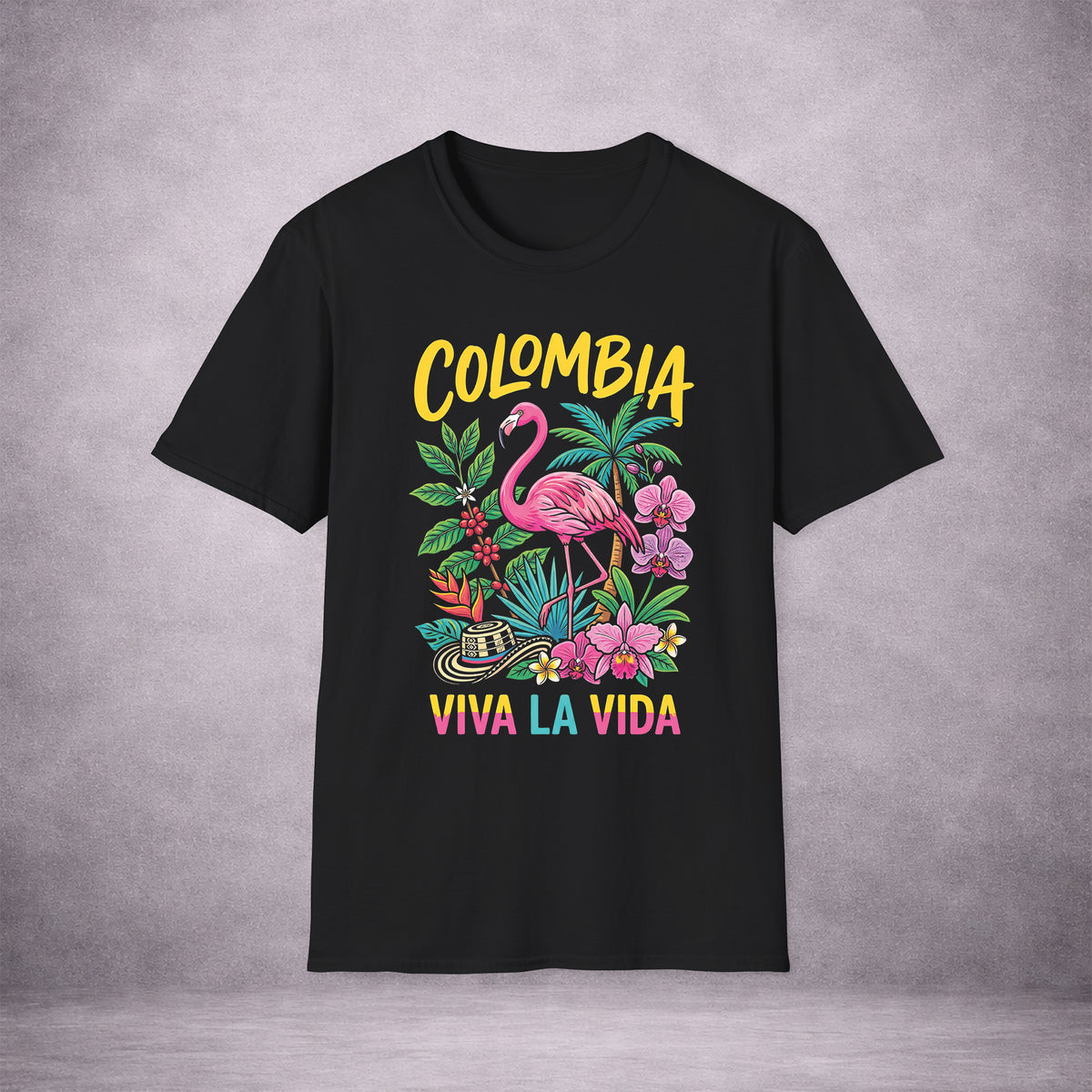 COLOMBIA-FLAMINGO-VIVA-LA-VIDA-E4159C-ESSENTIAL-TEE-BLACK-FRONT-01