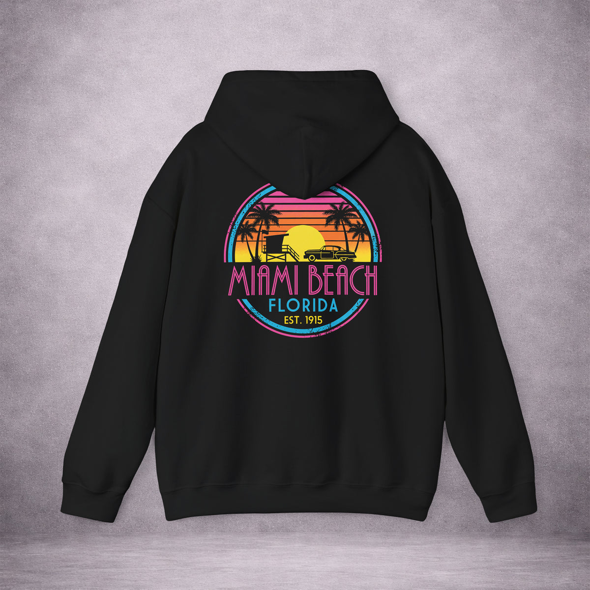 MIAMI-SUNDOWN-RUNNING-ON-BEACH-TIME-DF44C8-CLASSIC-FLEECE-HOODIE-BLACK-BACK-01
