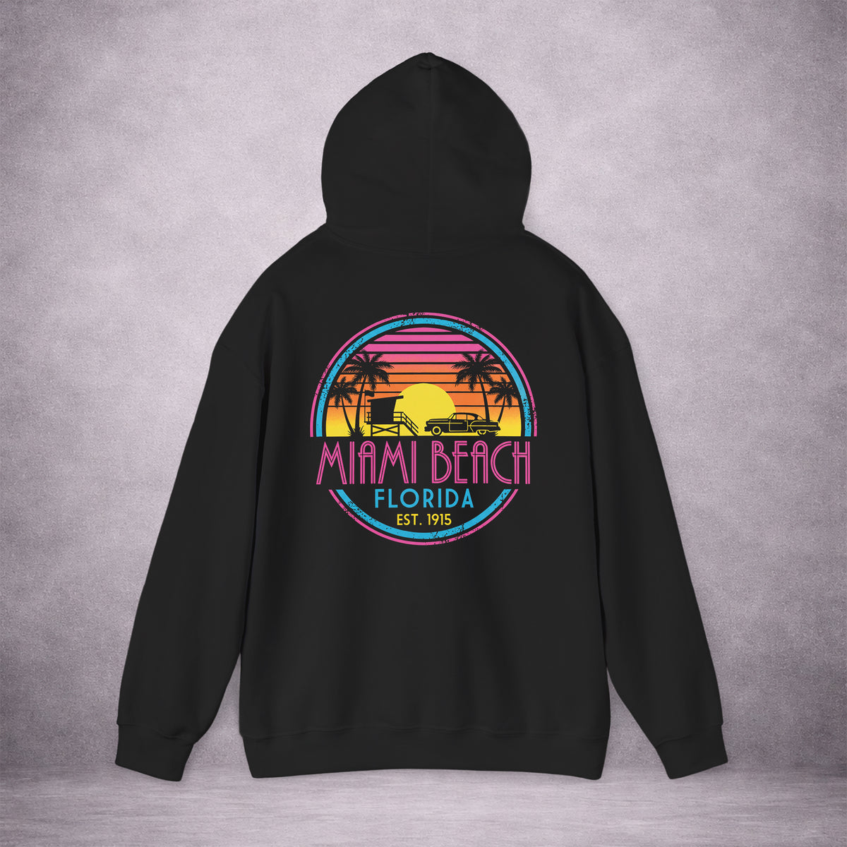 MIAMI-SUNDOWN-RUNNING-ON-BEACH-TIME-DF44C8-CLASSIC-FLEECE-HOODIE-BLACK-BACK-02