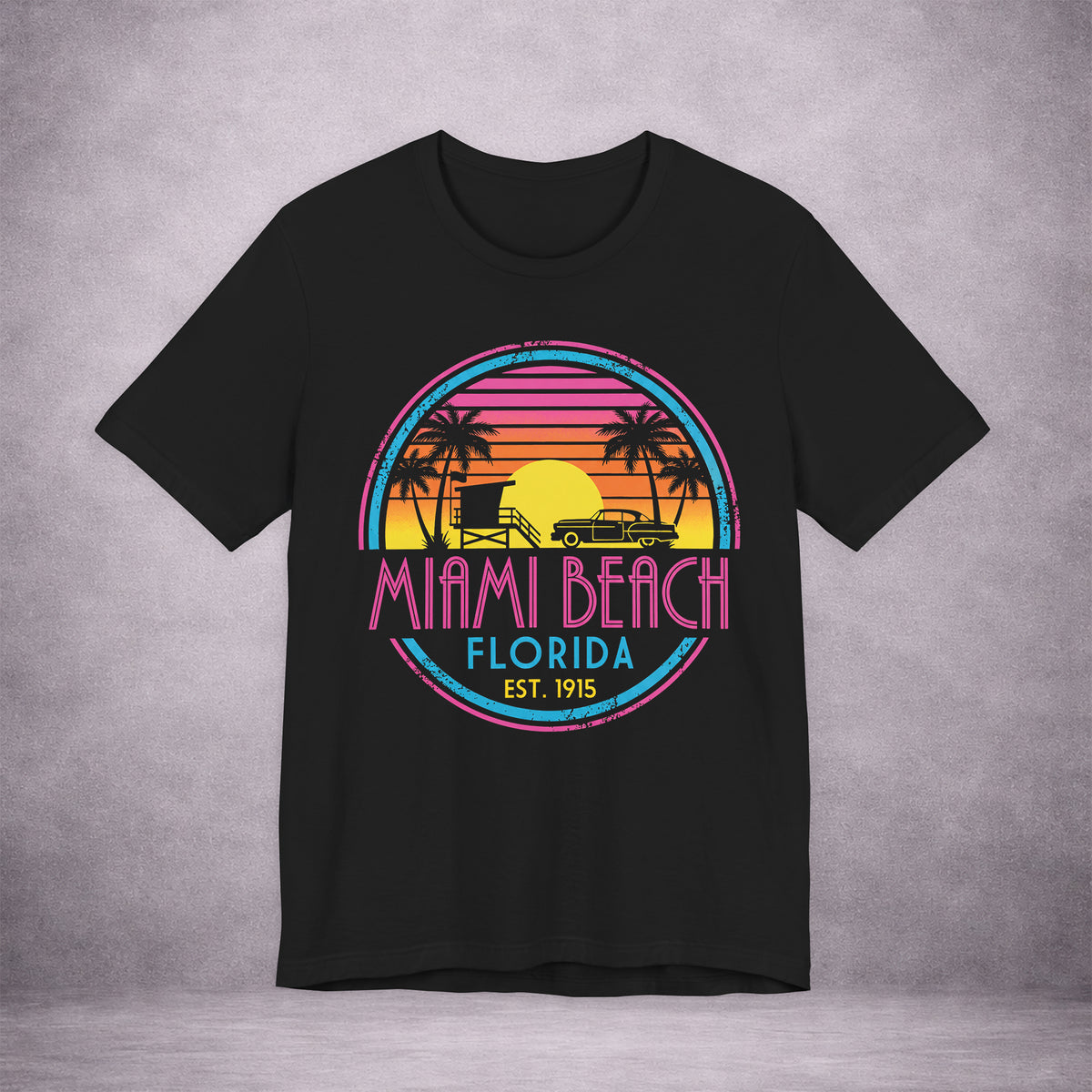 MIAMI-SUNDOWN-RUNNING-ON-BEACH-TIME-DF44C8-PREMIUM-JERSEY-TEE-BLACK-FRONT-01