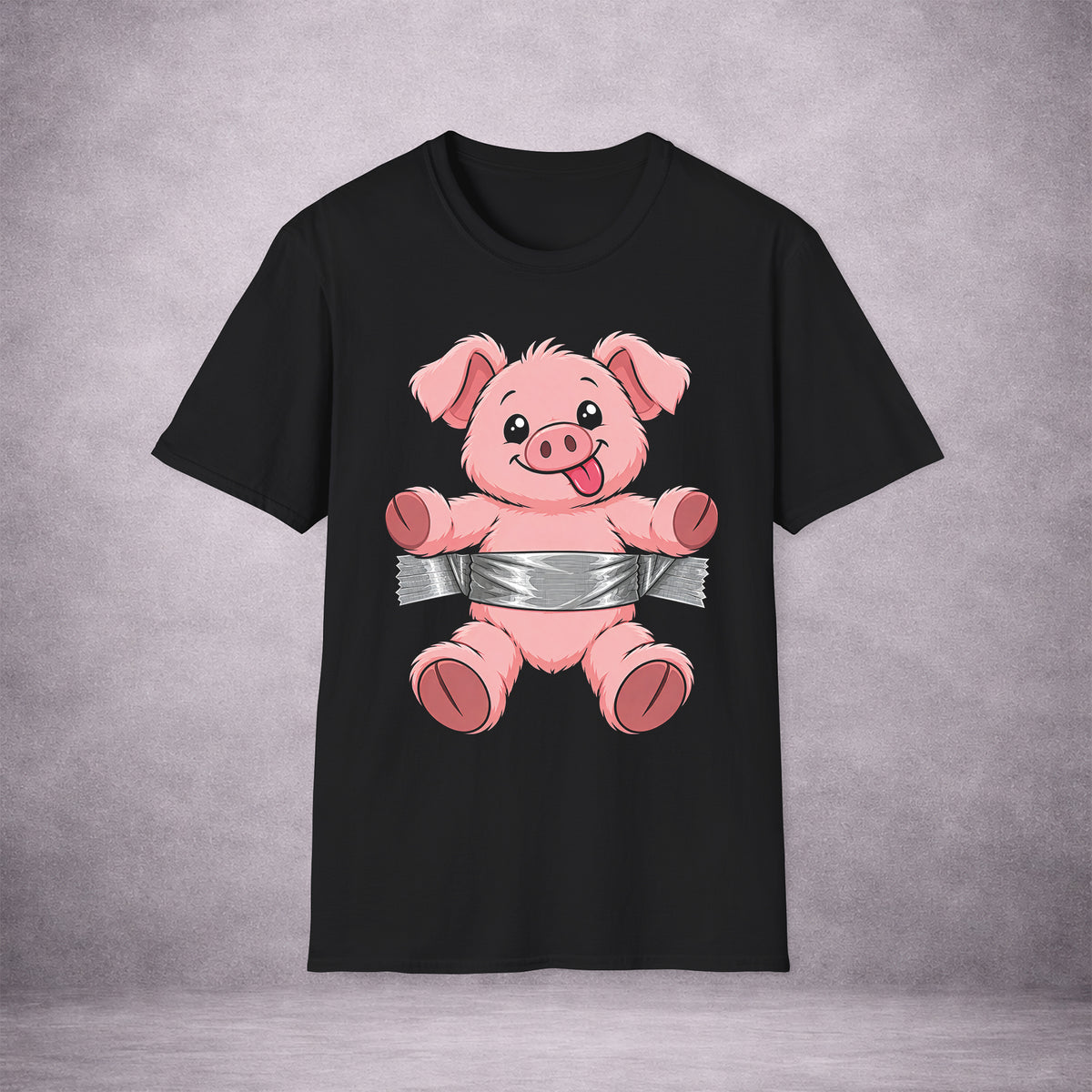 PIG-IN-A-PICKLE-TAPED-UP-STILL-TICKLED-PINK-4CF549-ESSENTIAL-TEE-BLACK-FRONT-01