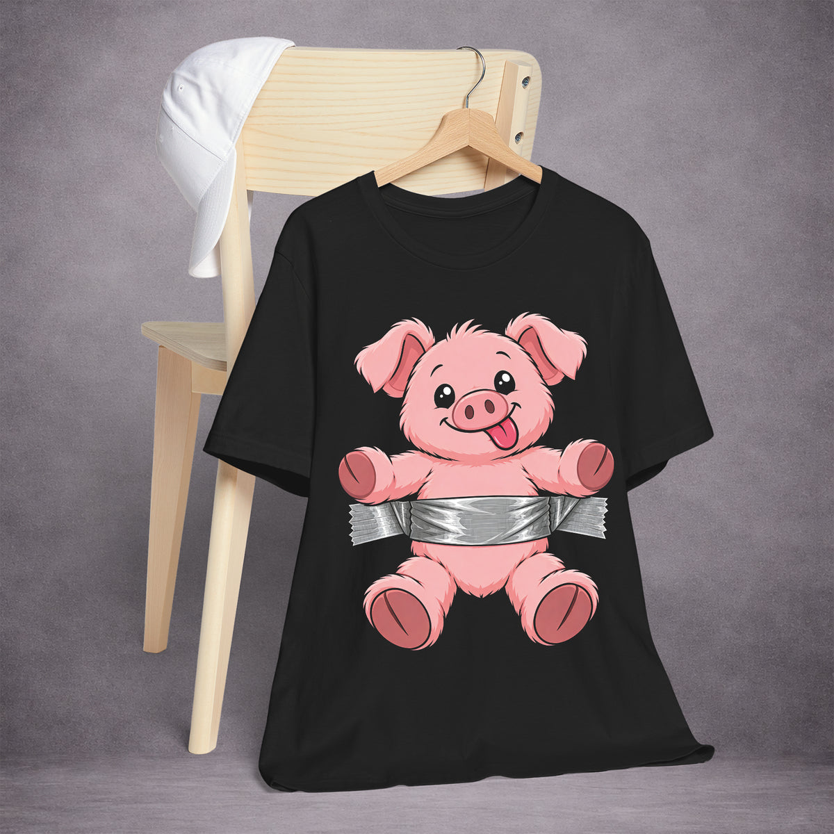 PIG-IN-A-PICKLE-TAPED-UP-STILL-TICKLED-PINK-4CF549-ESSENTIAL-TEE-BLACK-FRONT-02