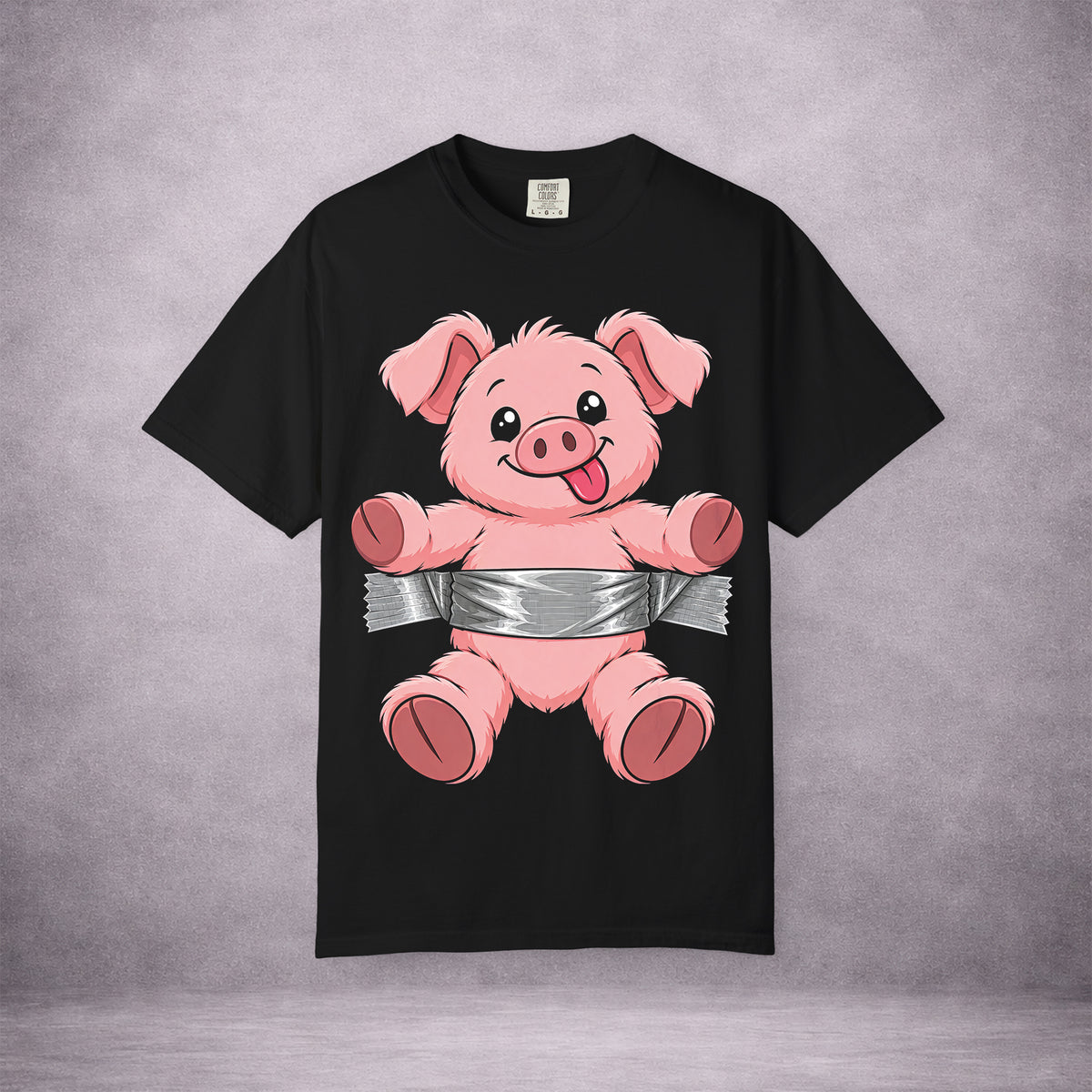 PIG-IN-A-PICKLE-TAPED-UP-STILL-TICKLED-PINK-4CF549-VINTAGE-WASH-TEE-BLACK-FRONT-01