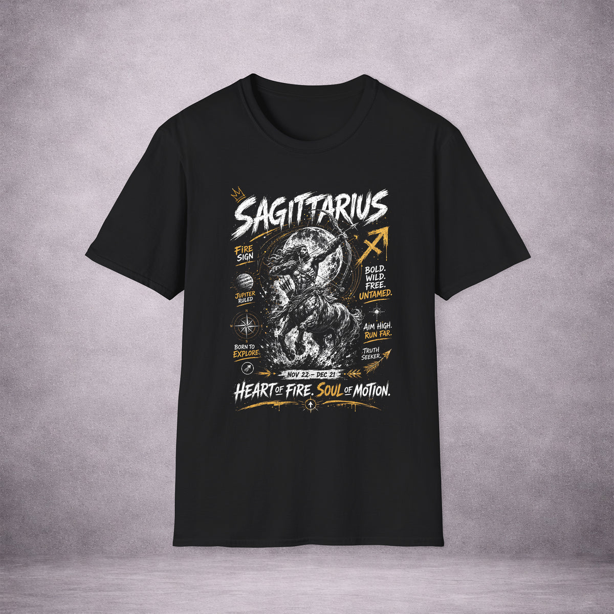 SAGITTARIUS-ARCHER-HEART-OF-FIRE-141D8D-ESSENTIAL-TEE-BLACK-FRONT-01