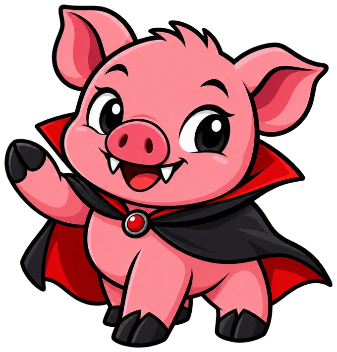 Cute pink piglet dressed as a vampire, with a black cape and red collar