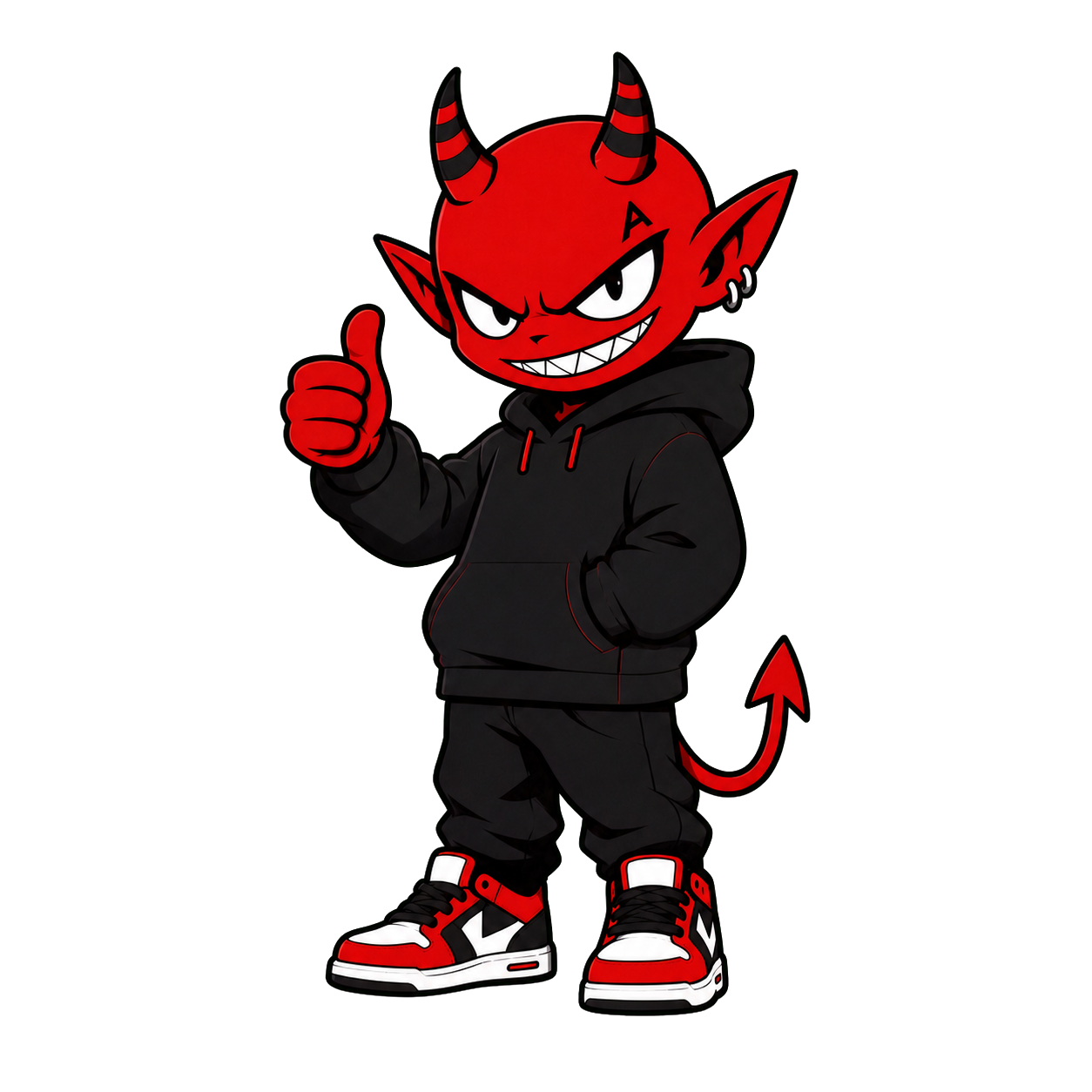 The Artistic Apex red devil mascot wearing a black hoodie and giving a thumbs-up
