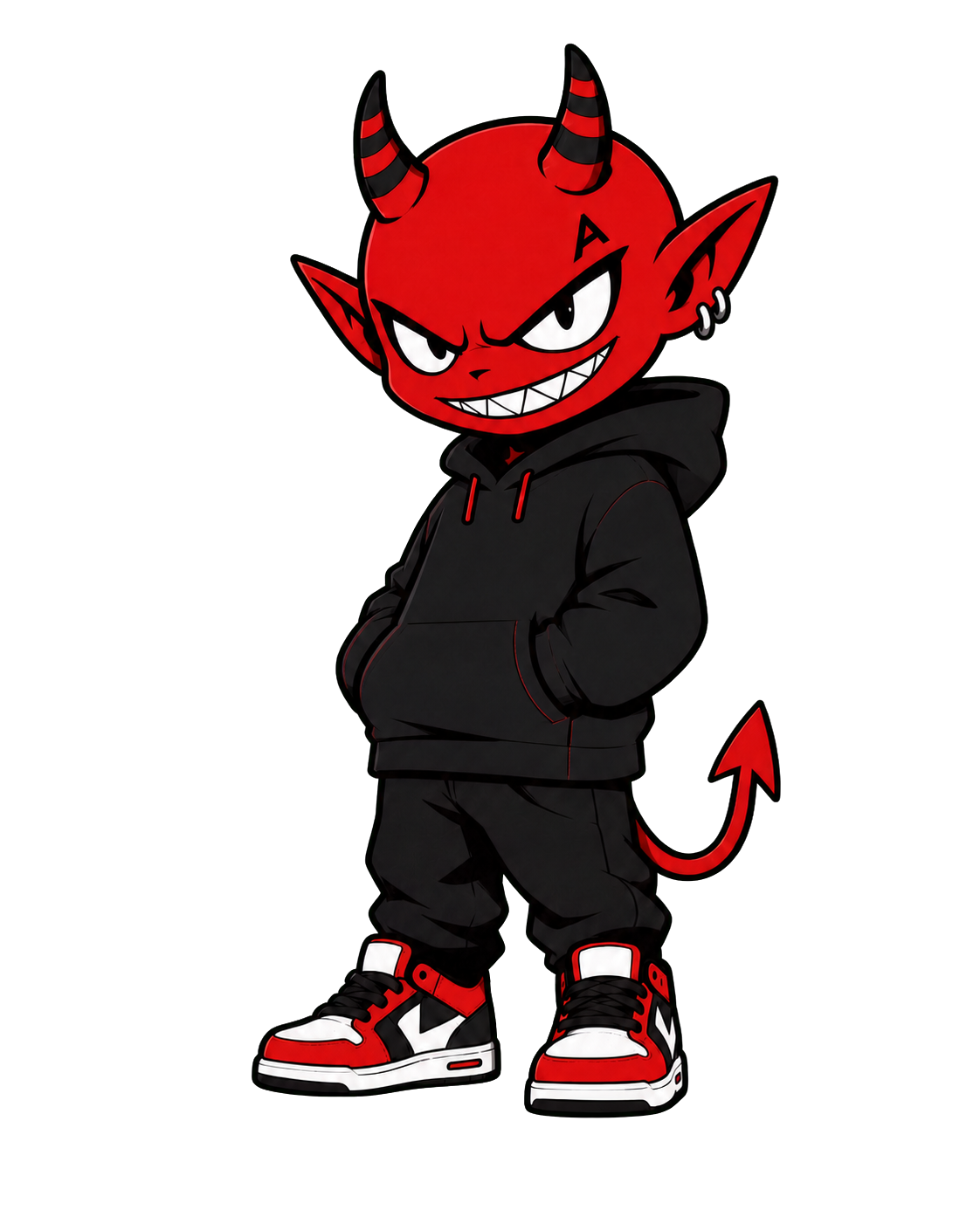 Artistic Apex red devil mascot in a black hoodie